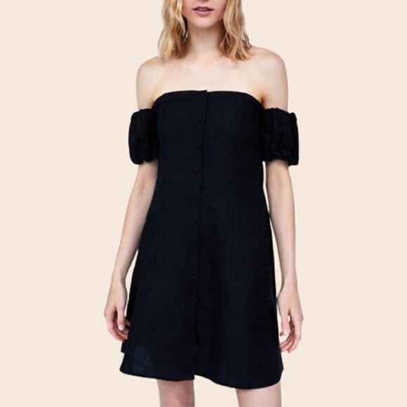 Zara Black Puff Sleeve Linen Blend Mini Dress Size XS - Picture 2 of 14